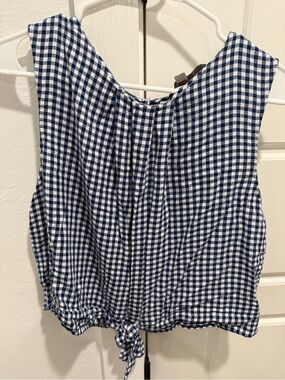 LOFT Navy and White Gingham Tie-Front Tank